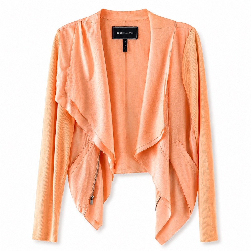 BCBGMAXAZRIA Womens Peach Orange Draped Moto Jacket Mixed Media Size M